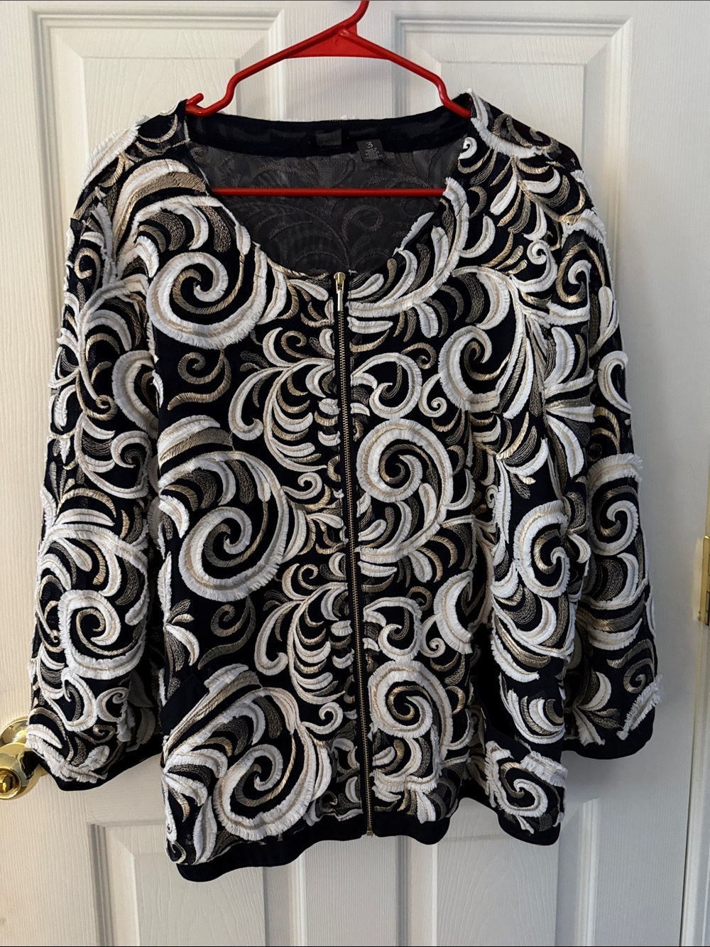 Chico's navyJacket with Cream and Gold Swirl Embroidery size 3